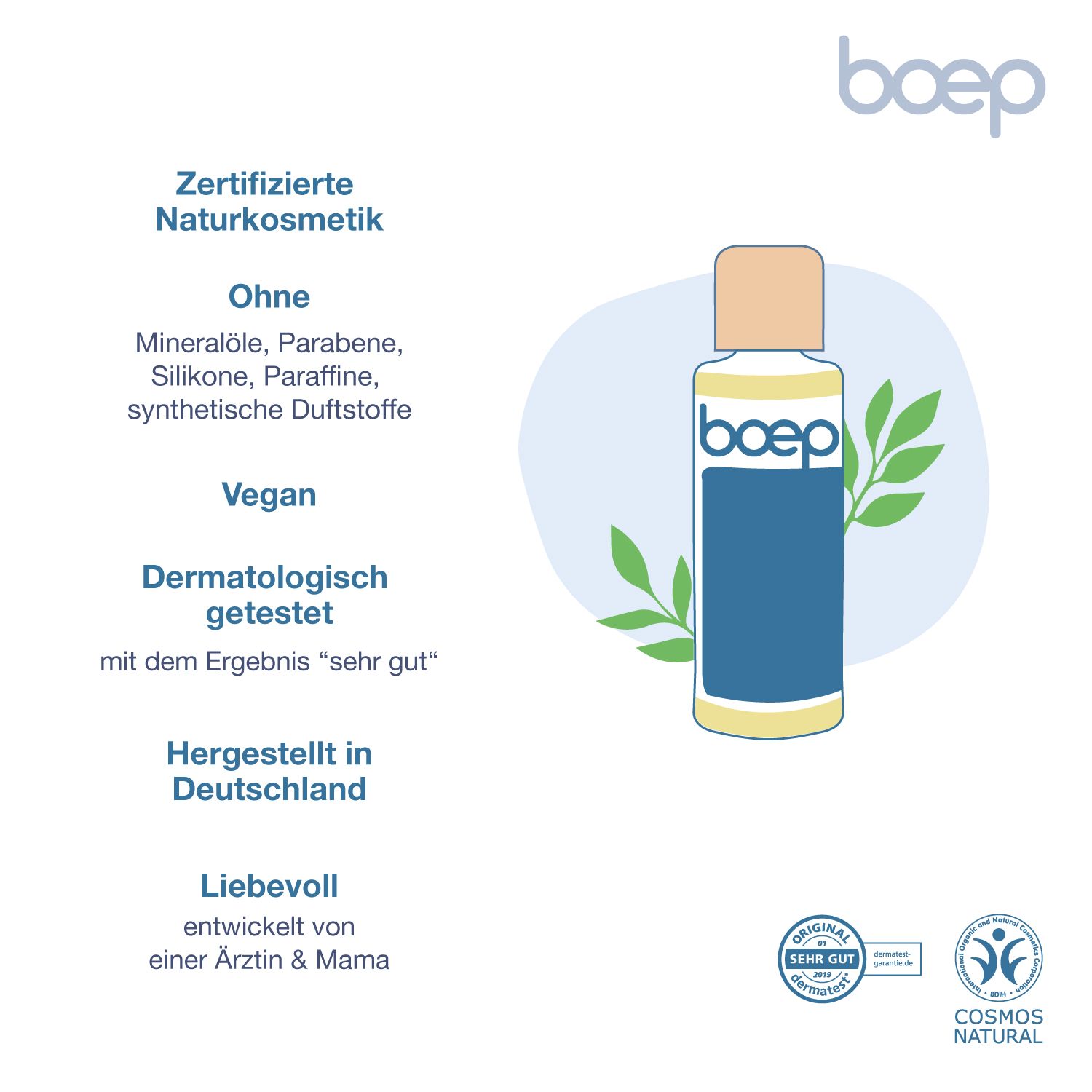 Elenco delle caratteristiche del prodotto: Cosmetico naturale certificato, senza oli minerali, vegano, testato dermatologicamente, prodotto in Germania.