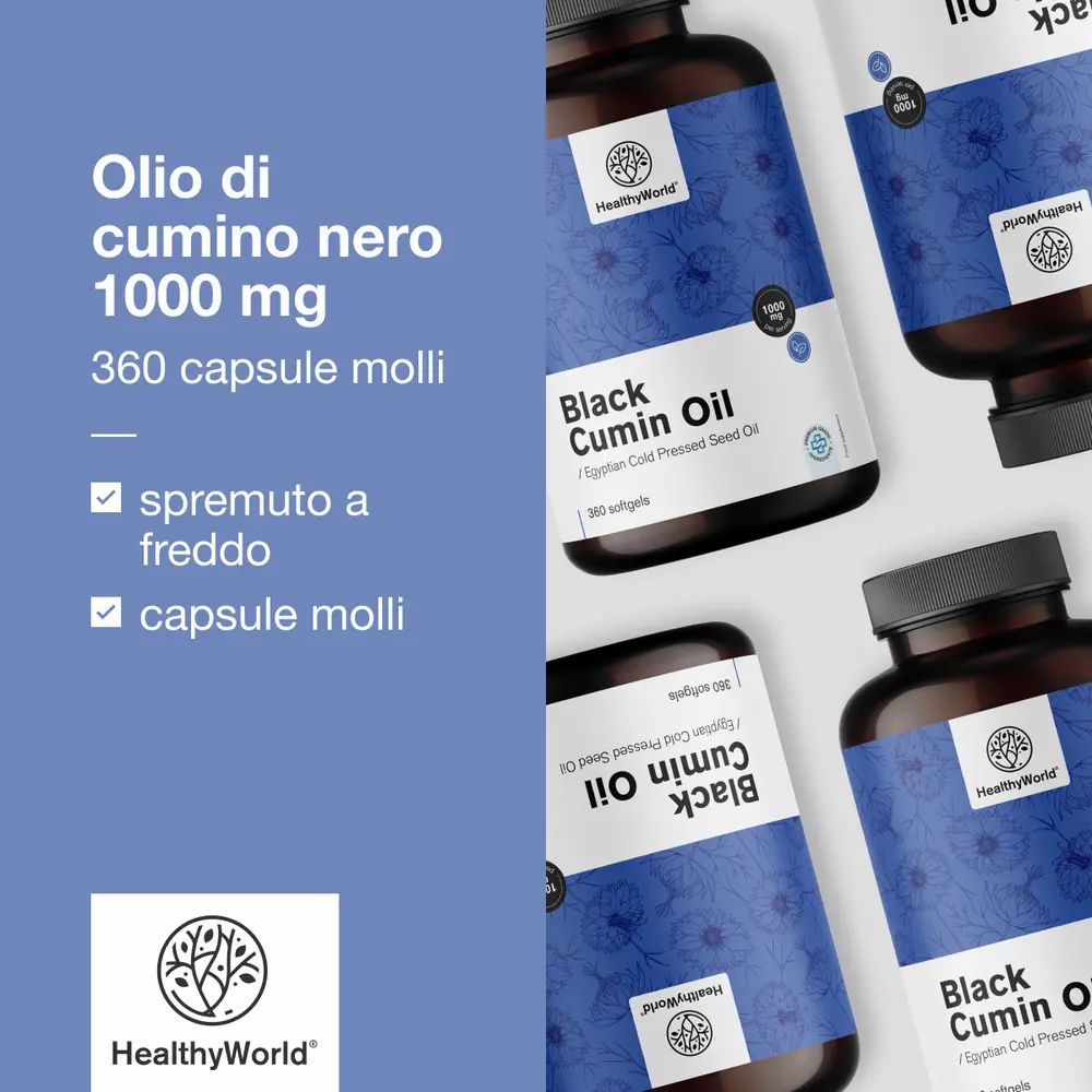 Flaconi di prodotto con capsule. Testo: Olio di cumino nero 1000 mg. Marchio: HealthyWorld.