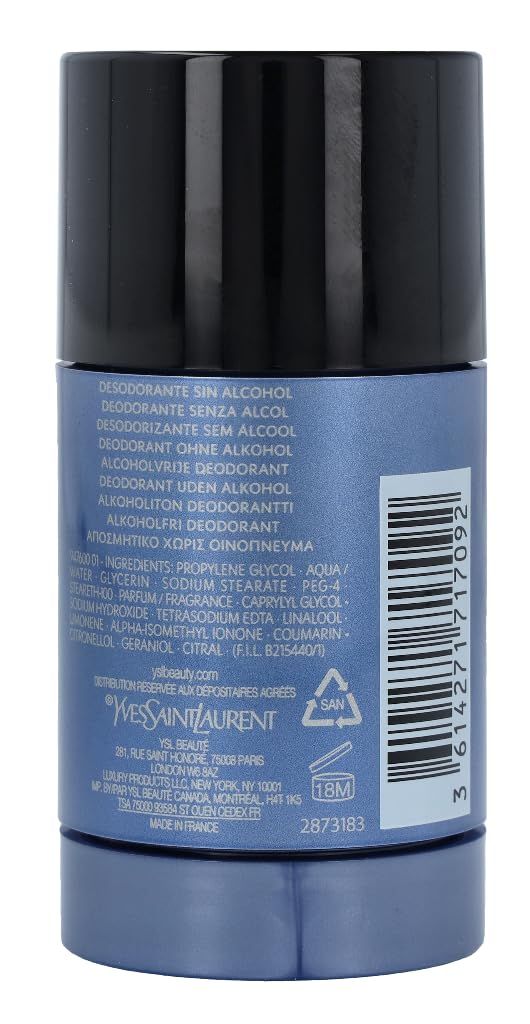 Retro dello stick deodorante. Confezione blu con testo e codice a barre. Ingredienti e informazioni del produttore.