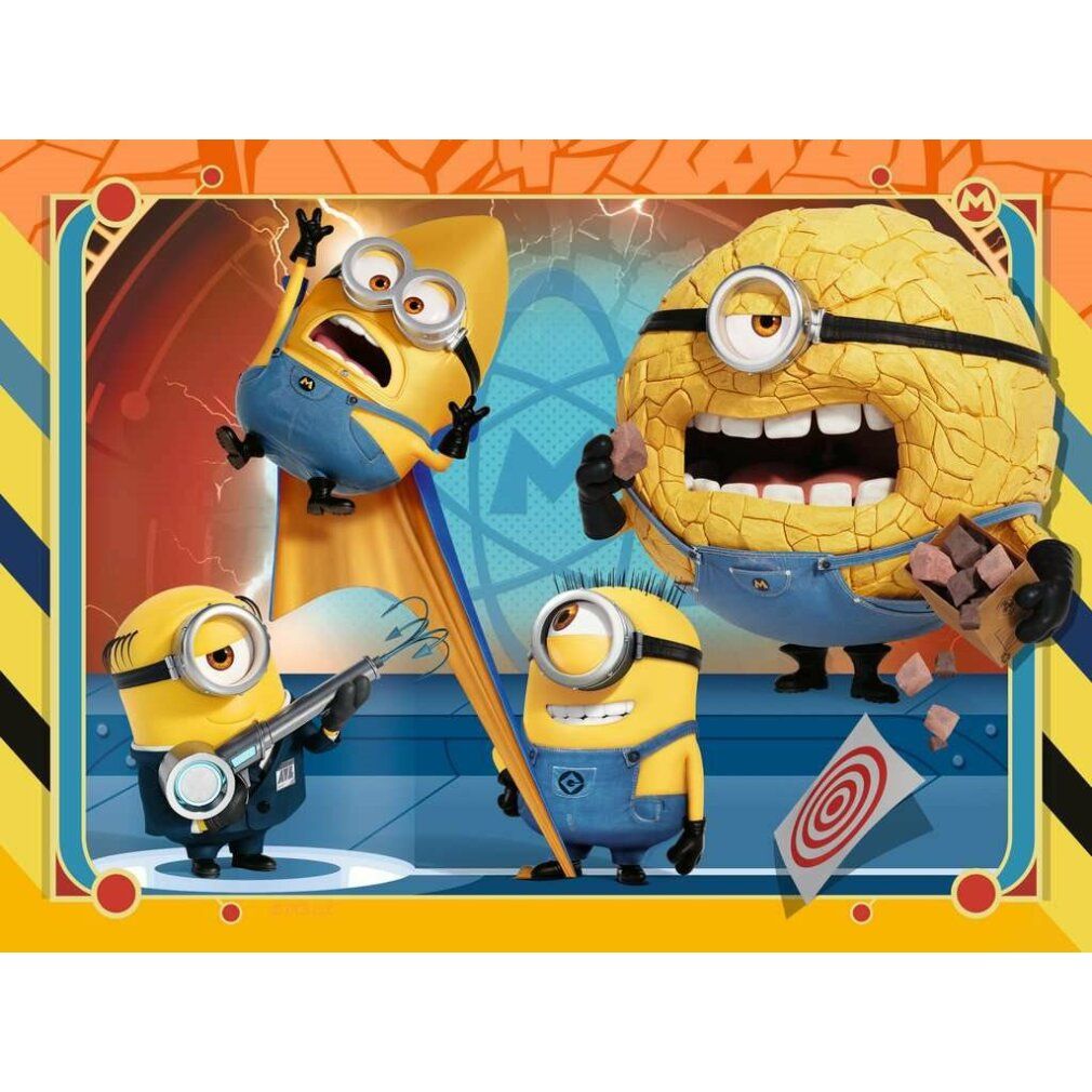 Dettaglio puzzle con Minions. Personaggi gialli con tute blu. Sfondo giallo, blu e rosso. Con bersaglio e pietre.