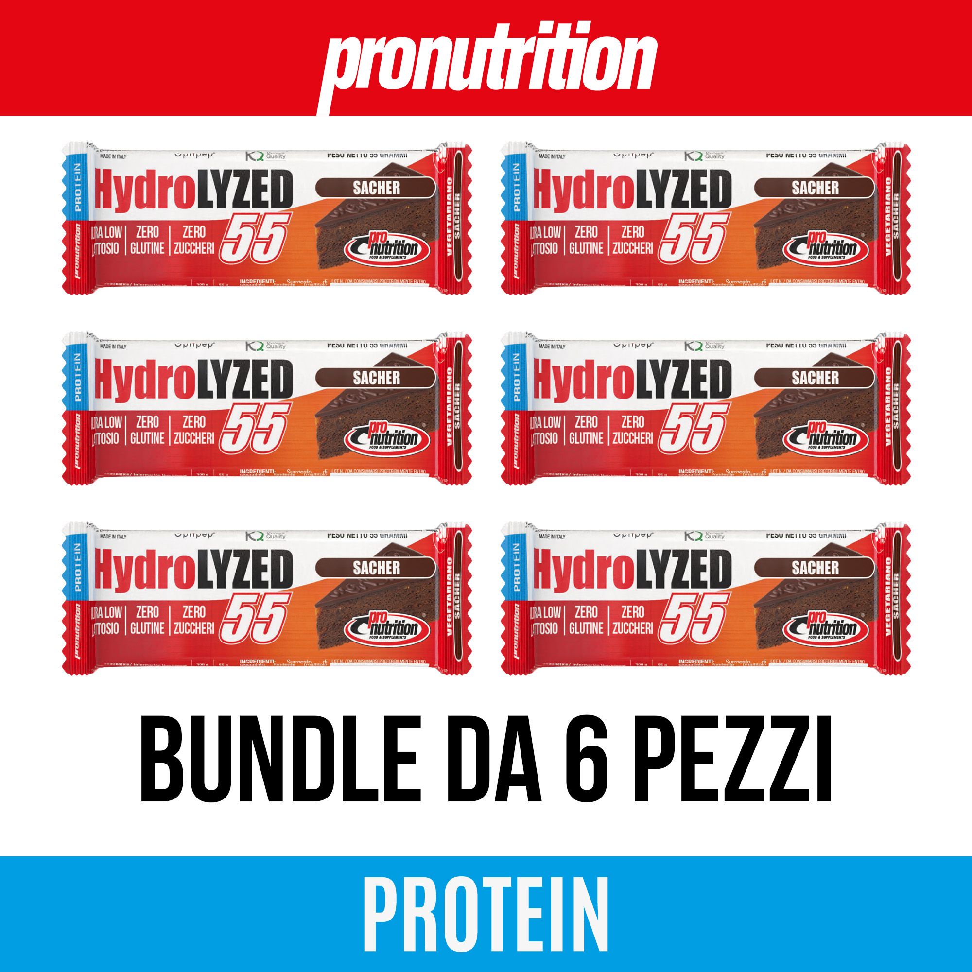 Sei barrette proteiche, confezionate in rosso e bianco, con HydroLYZED 55, Sacher. Scritta: Bundle da 6 pezzi. Marchio: Pronutrition.