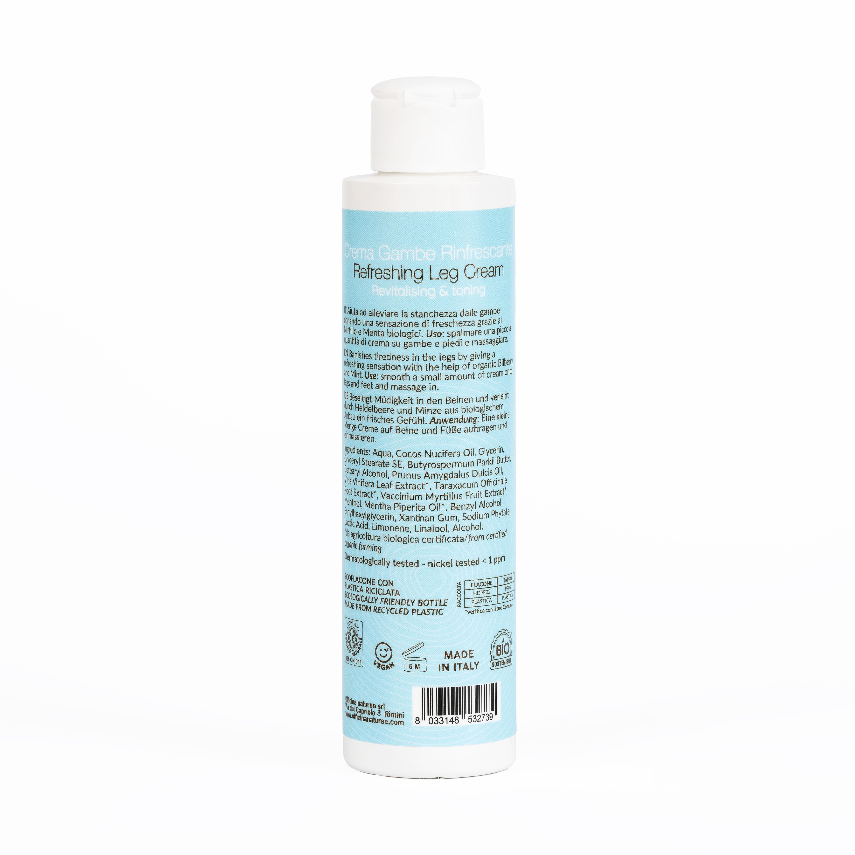 Retro di un flacone bianco con etichetta blu. Testo: Refreshing Leg Cream. Ingredienti, istruzioni per l'uso. Made in Italy. Certificazione bio.