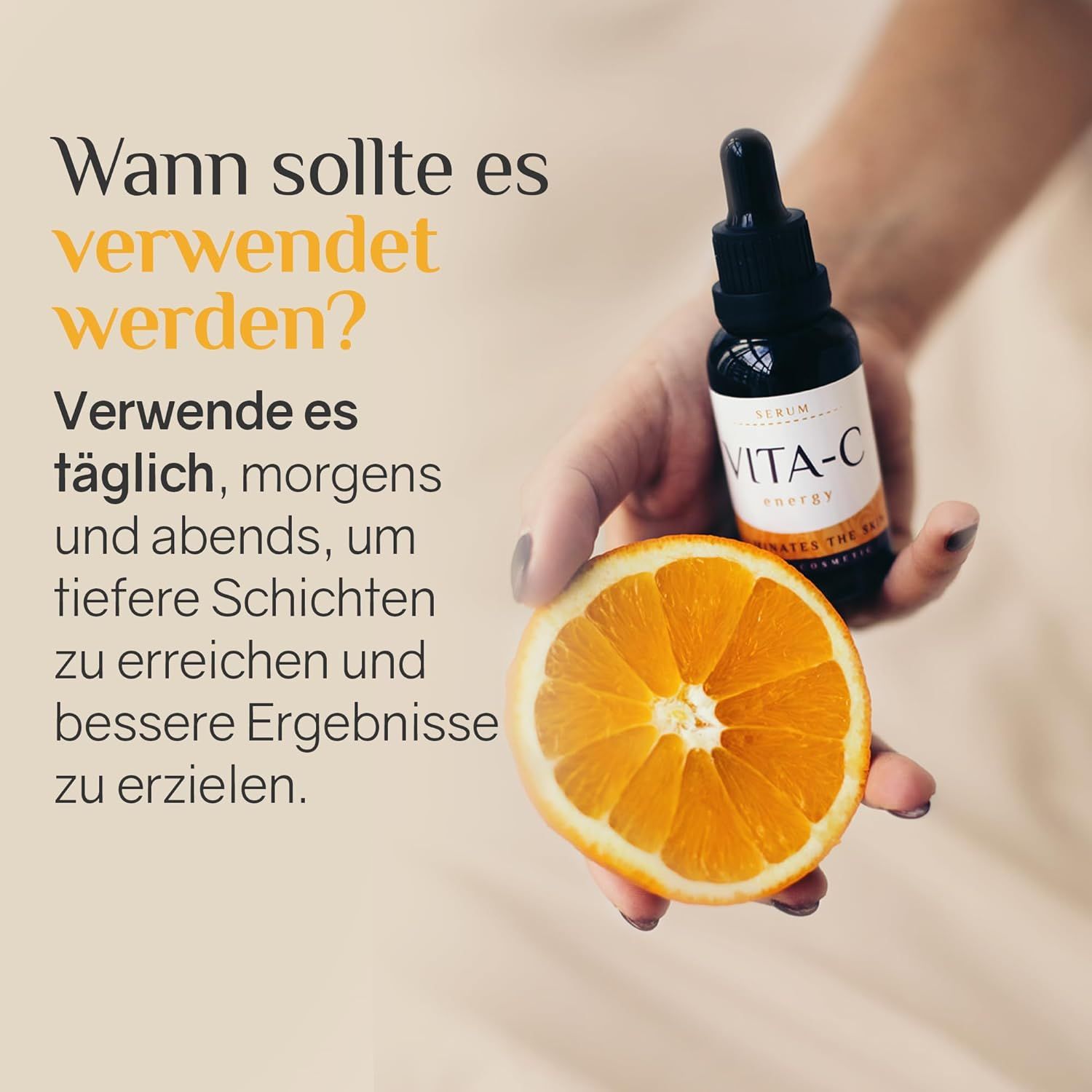 Mano che tiene un flacone di siero e un'arancia. Testo: Usalo quotidianamente, mattina e sera. Risultati migliori.