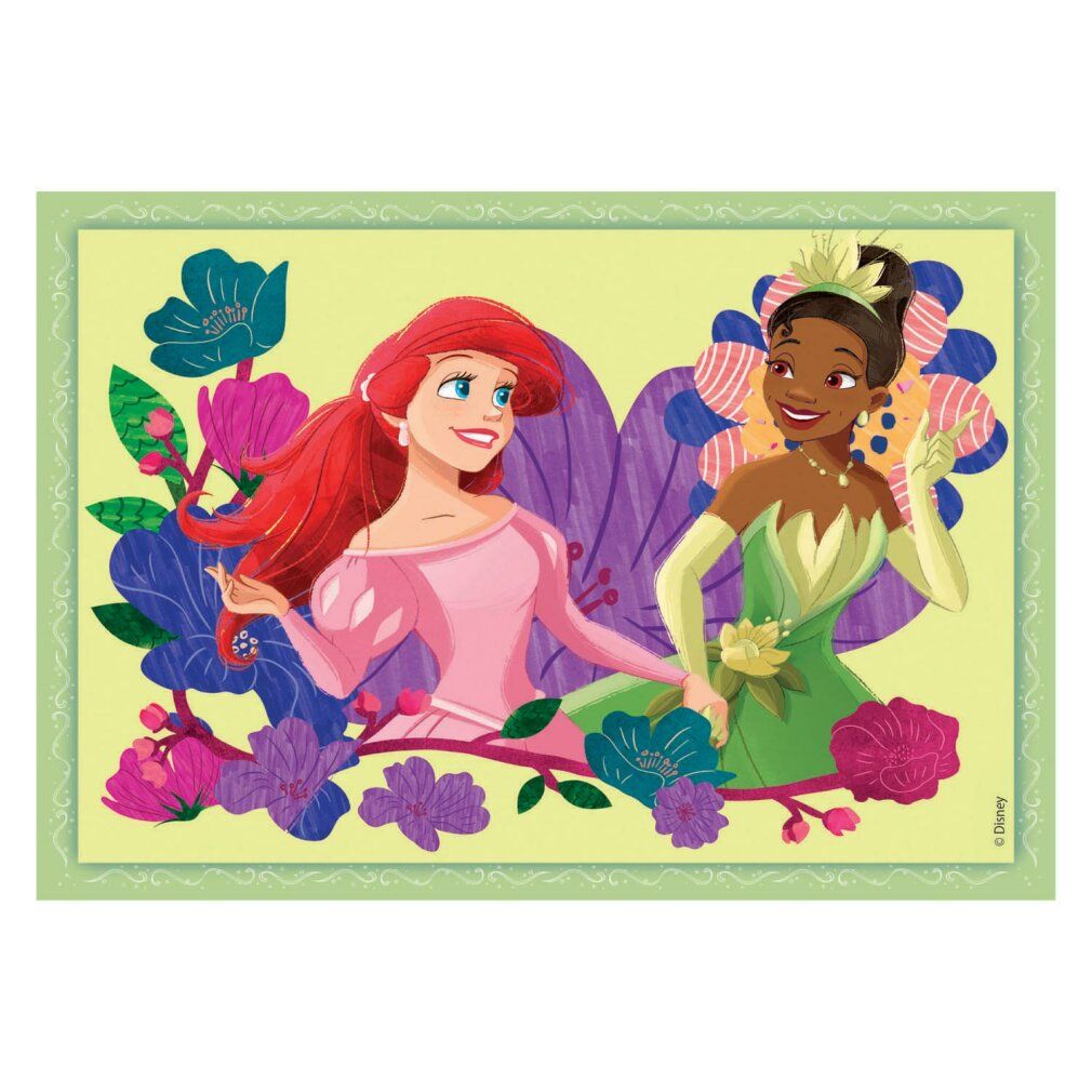Puzzle con Ariel e Tiana, principesse Disney. Circondato da fiori e cornice gialla.