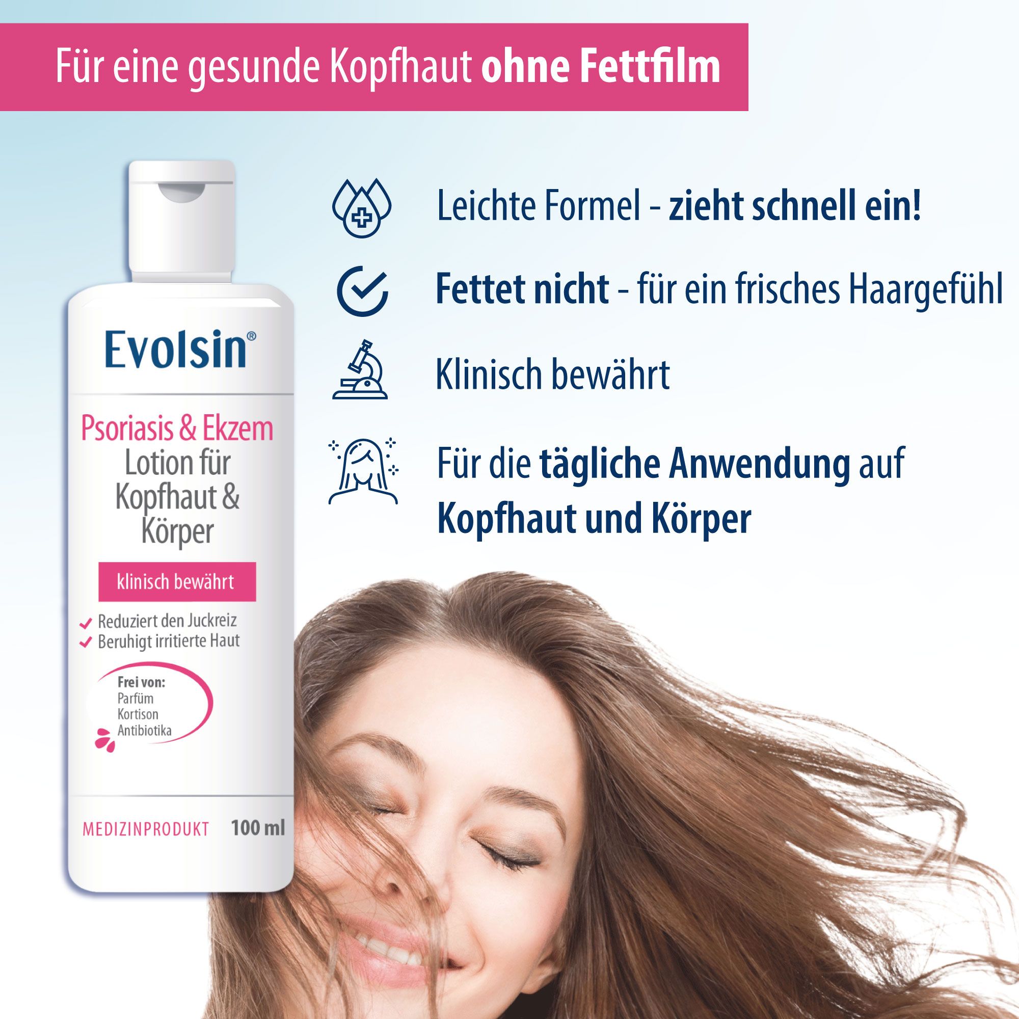 Flacone bianco con lozione, nome del prodotto e testo. Testo: Formula leggera, assorbe rapidamente, non unge, clinicamente testato. Per cuoio capelluto e corpo.