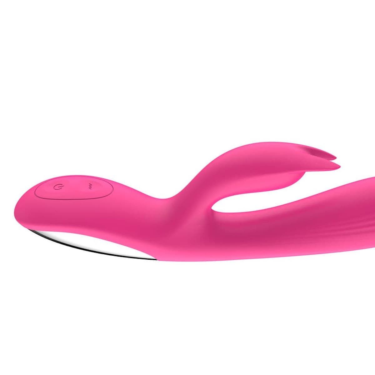Vibratore rosa con design a orecchie di coniglio. Pulsanti di controllo e superficie scanalata.