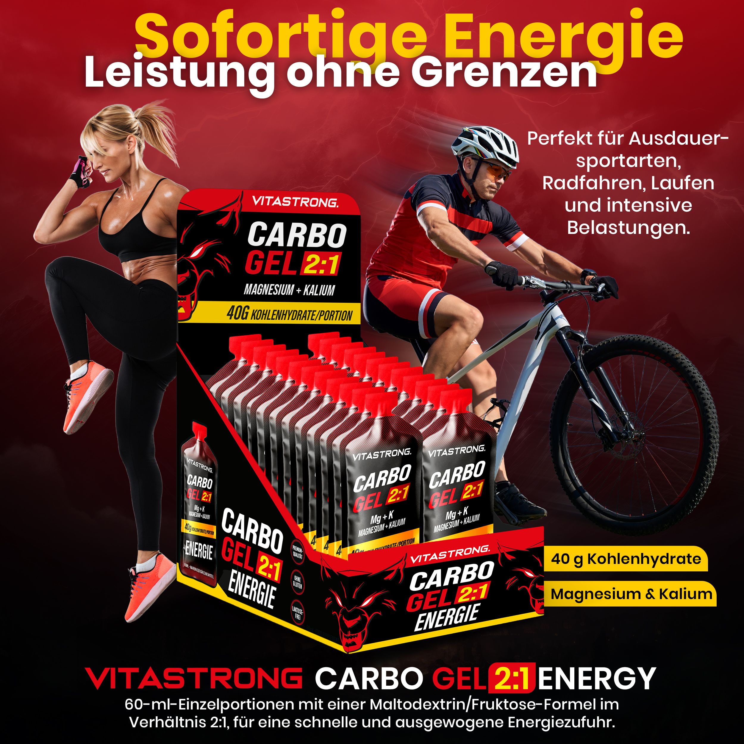 Vitastrong CARBO GEL 2:1. Confezione espositiva con porzioni singole. Atleti in azione. Testo: 40g carboidrati, magnesio e potassio.