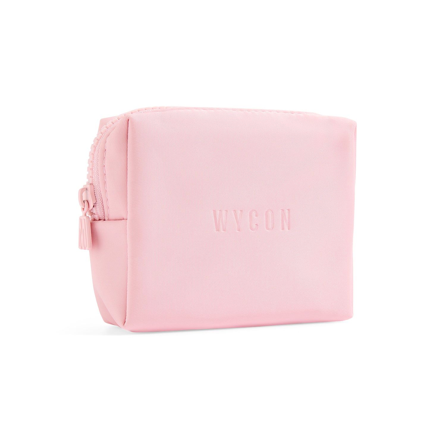 Pochette trucco rosa con cerniera e logo "WYCON" in rilievo.