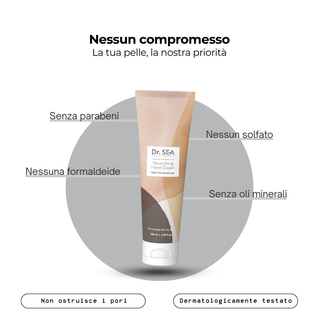 Tubo di crema mani con testo. Testo: Nessun compromesso. Ingredienti elencati: Senza parabeni, solfati, formaldeide, oli minerali.