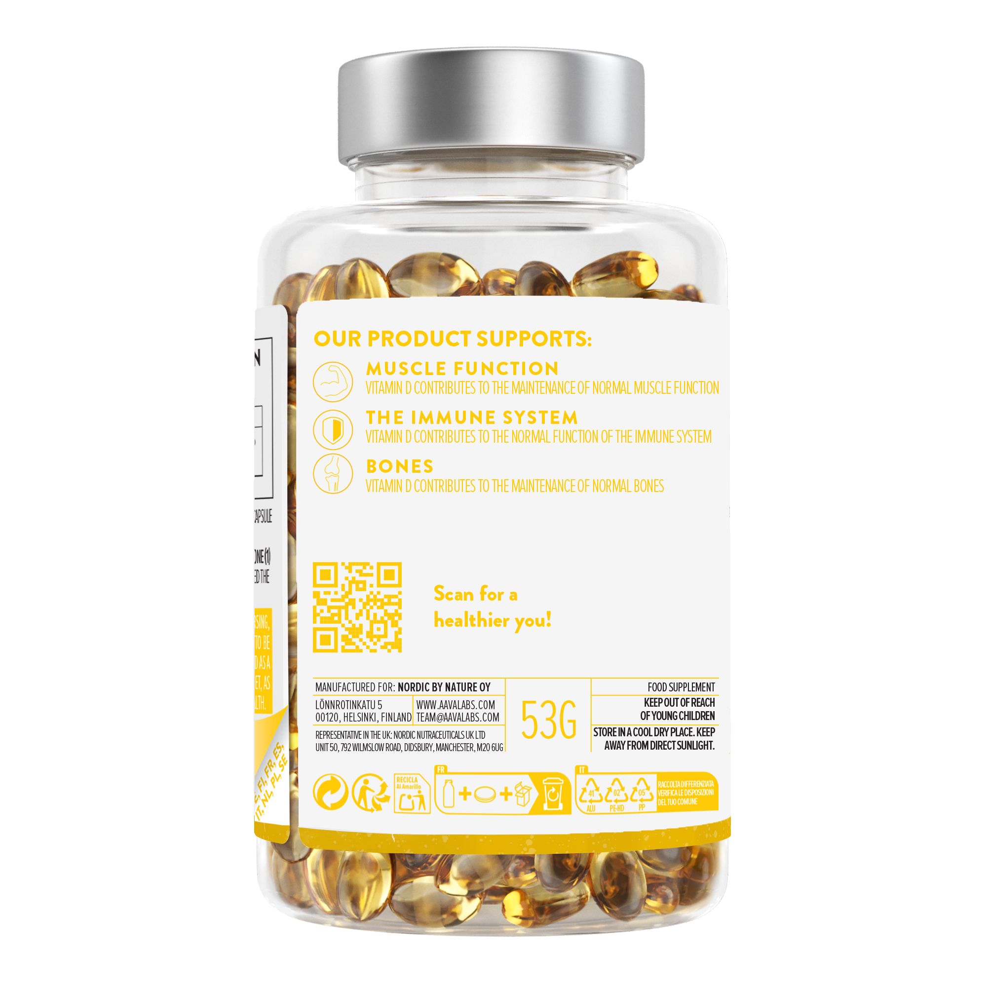 Retro del flacone con capsule gialle. Informazioni su muscoli, sistema immunitario e ossa.
