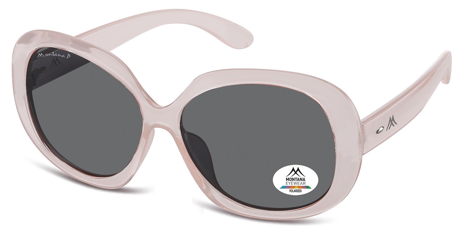 Occhiali da sole rosa chiaro con lenti grigie. Logo Montana Eyewear e certificazione di polarizzazione sulla lente.