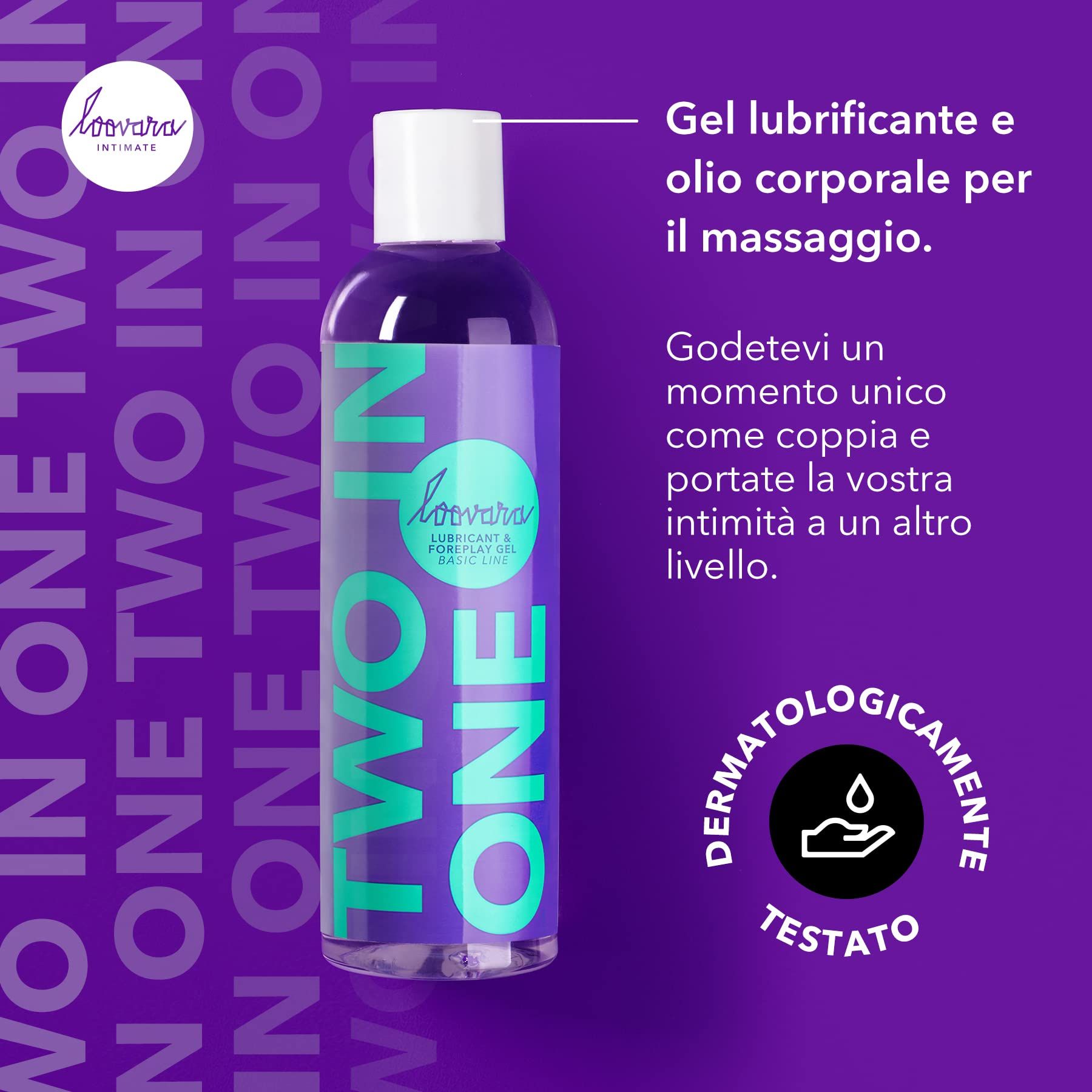 Flacone di lubrificante e olio da massaggio Loovara 2-in-1. Etichetta viola con scritta turchese.