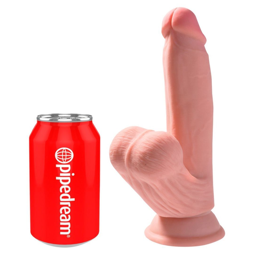 Dildo beige accanto a una lattina rossa con il logo 'pipedream'.