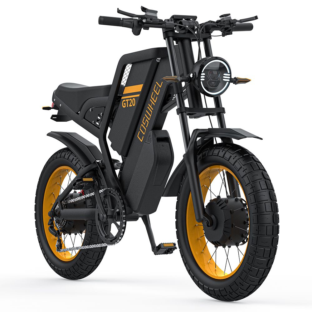 E-bike nero con cerchi gialli. Scritta GT20. Doppio motore, parafanghi, faro.