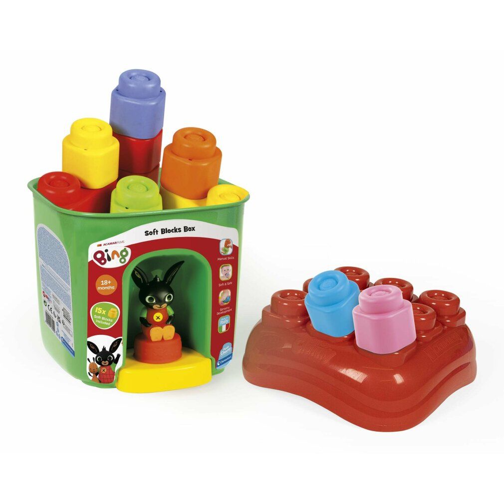 Casa verde con tetto rosso, personaggio di Bing e piedistallo giallo. Blocchi multicolori accanto. Scritta "Soft Blocks Box".