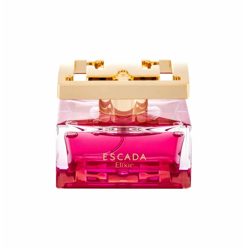 Flacone rettangolare con liquido rosa. Tappo dorato. Scritta: ESCADA Elixir.