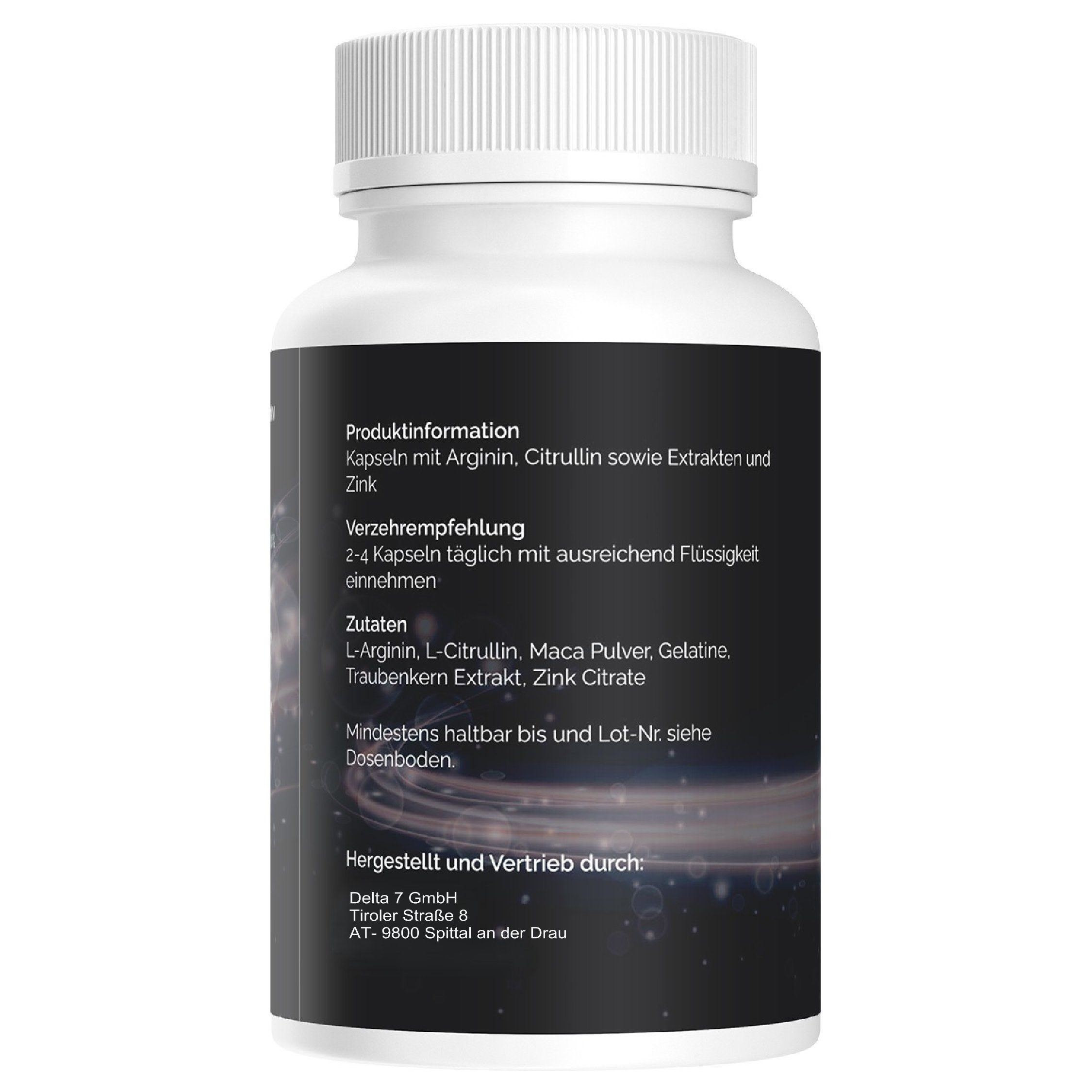 Retro del flacone bianco. Etichetta nera con informazioni sul prodotto. Ingredienti, raccomandazioni d'uso, informazioni produttore.