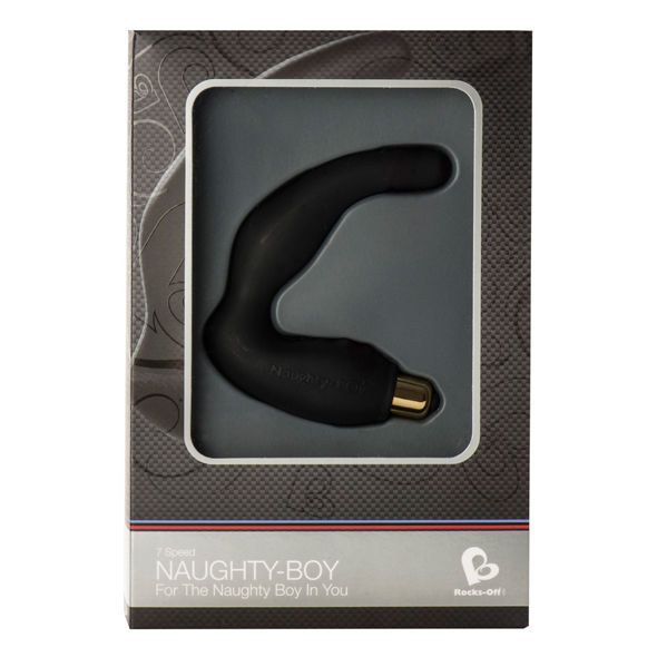 Vibratore nero in confezione. Scritta "Naughty-BOY" e "For The Naughty Boy in You".