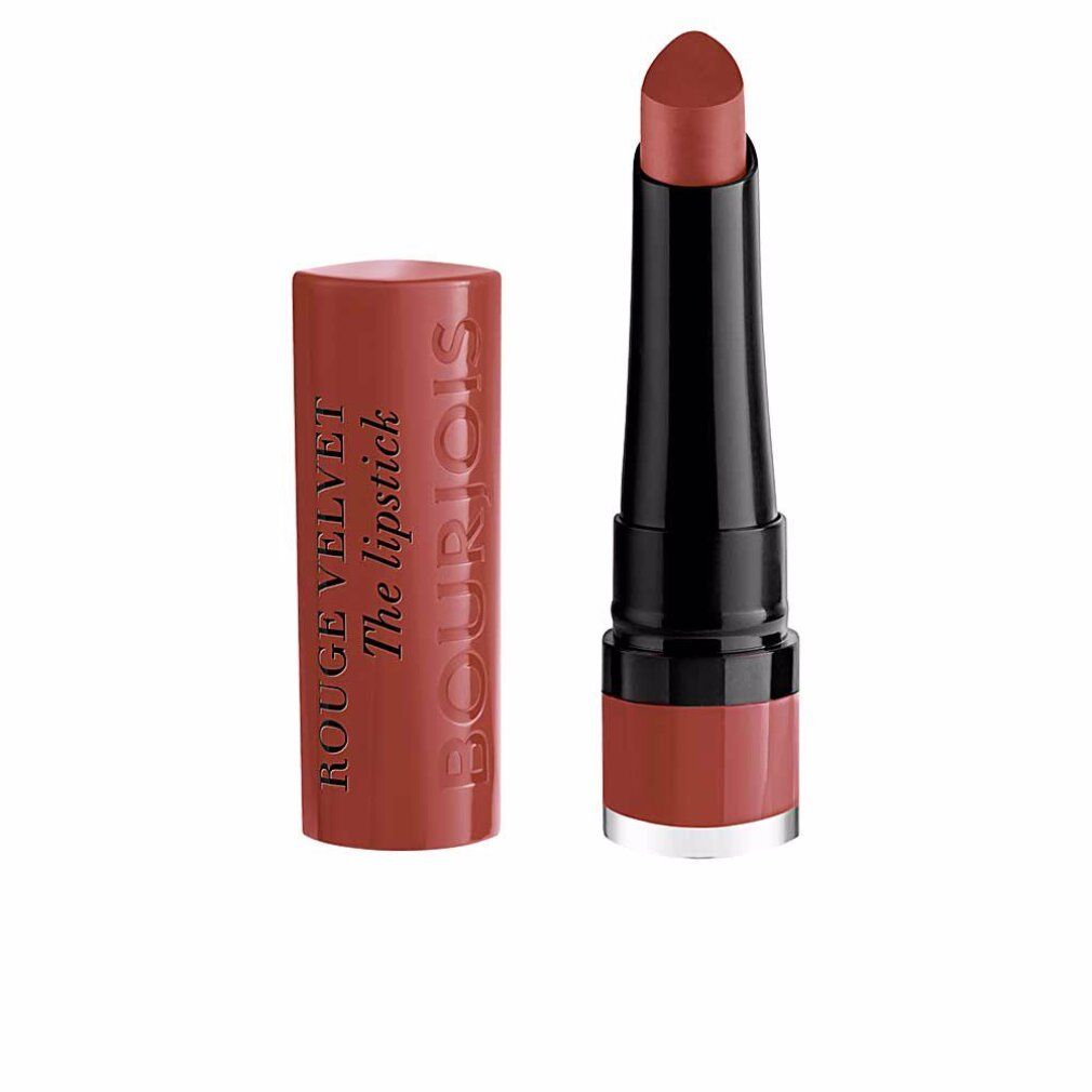 Rossetto aperto, tubo marrone con testo. Rossetto marrone chiaro. Sfondo bianco.