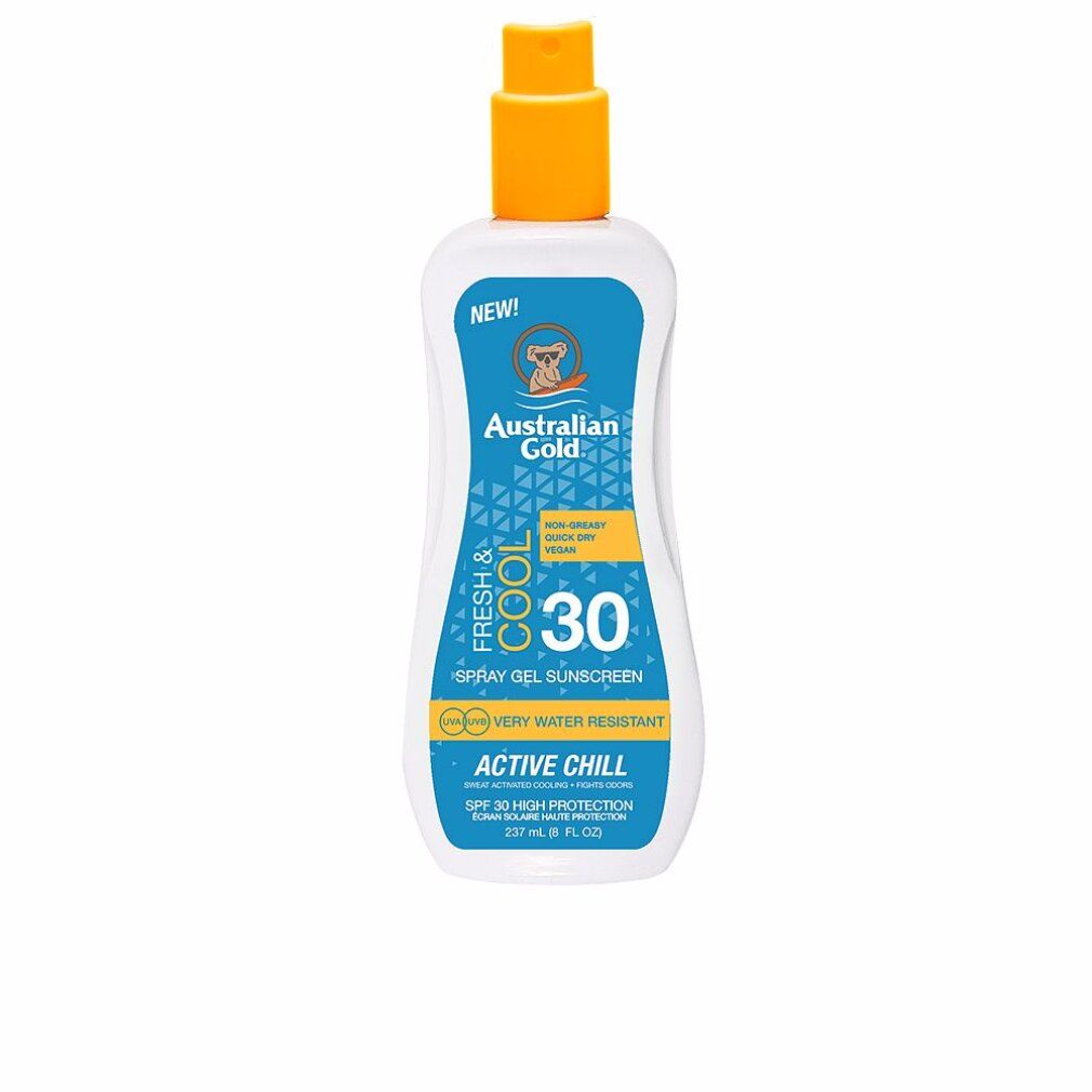 Spray gel solare. Flacone bianco con erogatore giallo. Etichette blu e gialle con testo: SPF 30, Active Chill, Australian Gold.