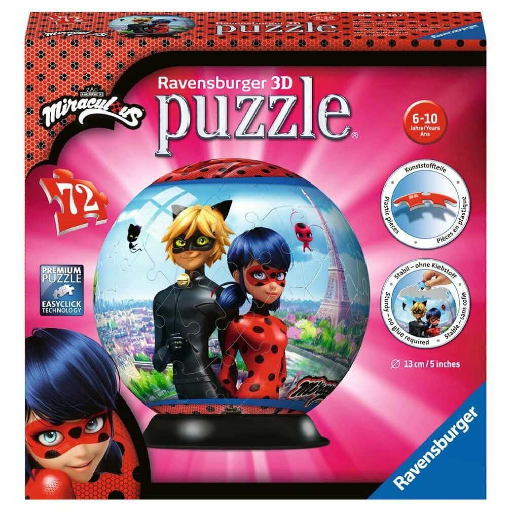 Confezione per puzzleball 3D con motivo coccinella e gatto nero. 72 pezzi, 13cm diametro. Logo e nome prodotto.