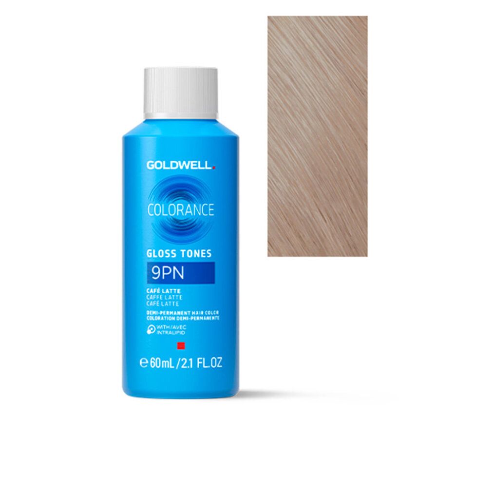 Flacone blu con testo e ciocca di capelli. Scritta: Goldwell Colorance Gloss Tones 9PN. Contenuto: 60ml/2.1 fl.oz.