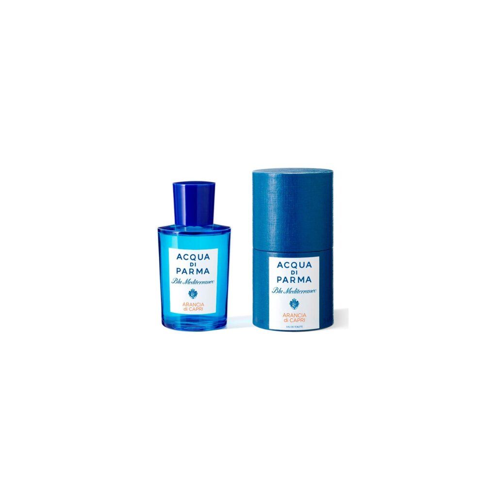 Flacone di profumo blu e confezione cilindrica. Etichetta: ACQUA DI PARMA Blu Mediterraneo Arancia di Capri. Flacone con tappo blu.