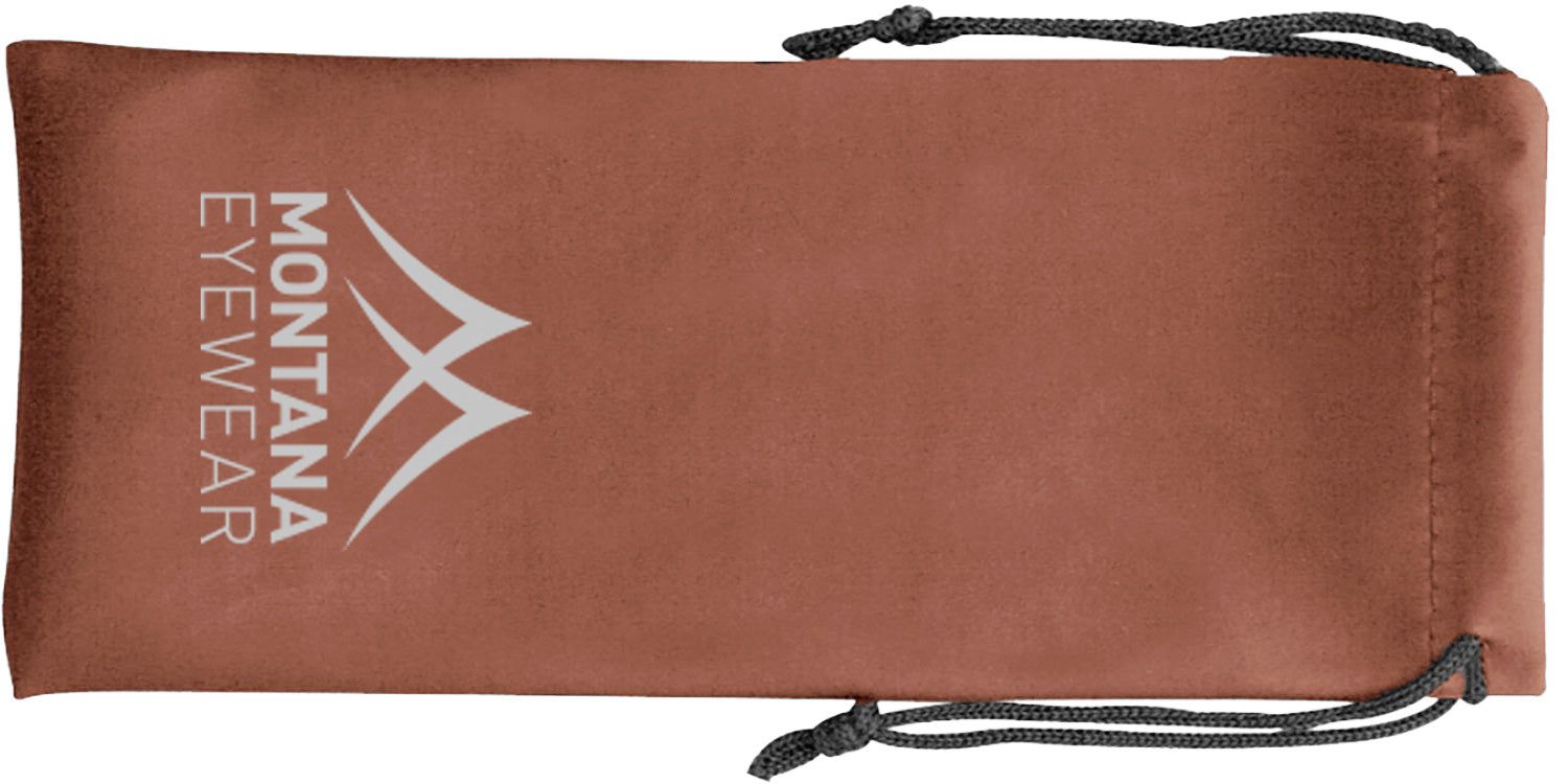 Custodia marrone con coulisse. Il logo Montana Eyewear è stampato sulla custodia.