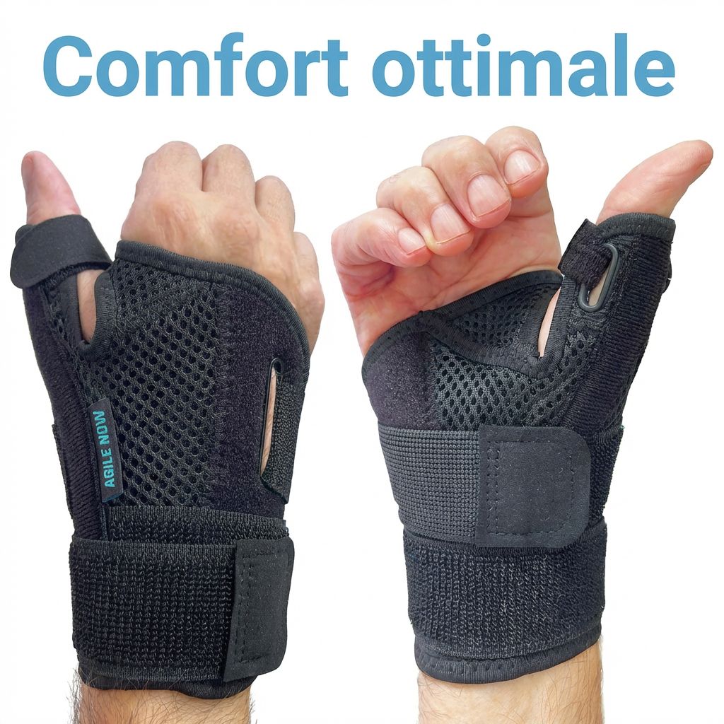 Due mani con tutori per pollice neri. Tessuto a rete e chiusure in velcro visibili. Scritta: AGILE NOW.