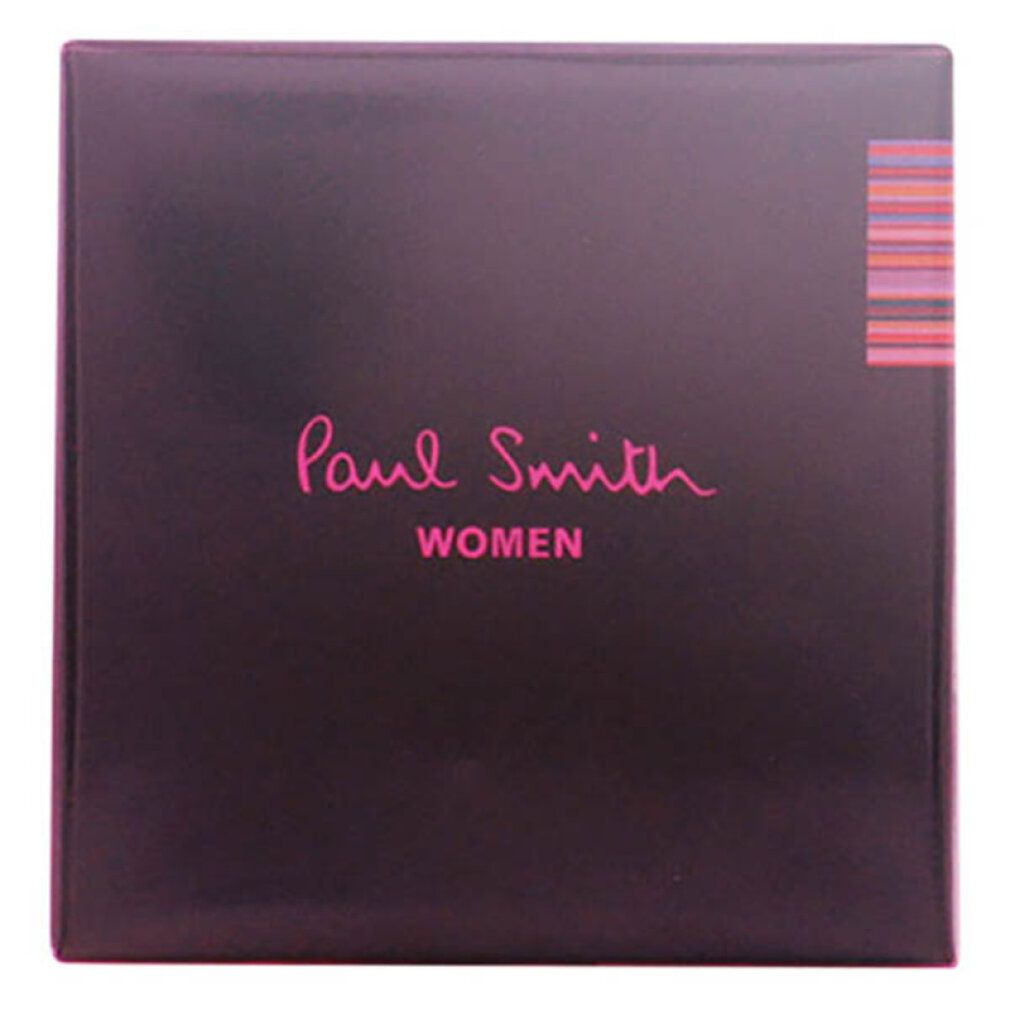 Scatola quadrata marrone scuro con scritta rosa "Paul Smith WOMEN".