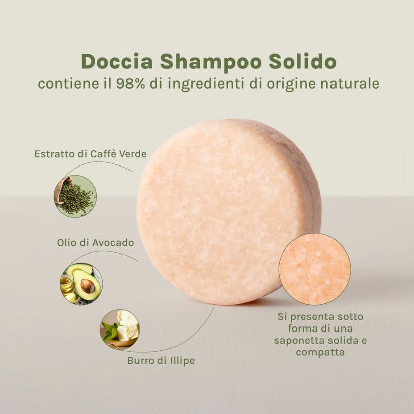 Shampoo solido rotondo. Illustrazione di avocado, chicchi di caffè e burro di Illipe. Testo: 98% ingredienti naturali.
