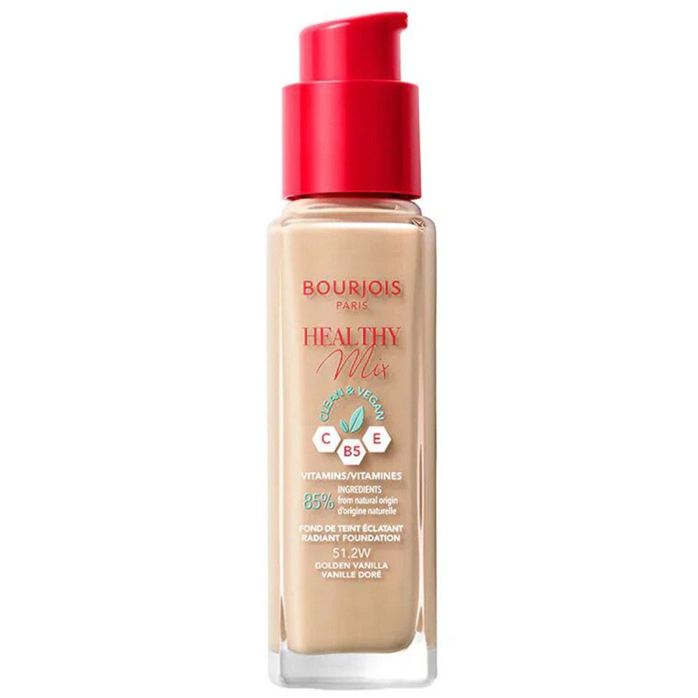 Flacone di fondotinta Bourjois Healthy Mix. Liquido beige, tappo a pompa rosso. Testo sull'etichetta.