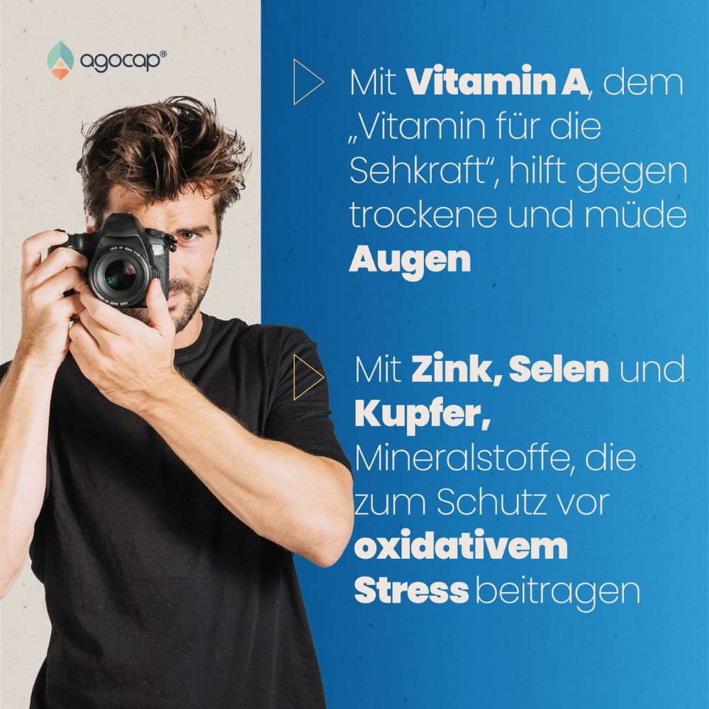 Uomo con fotocamera. Testo: Vitamina A, Zinco, Selenio e Rame. Aiuta contro occhi secchi e stress ossidativo.