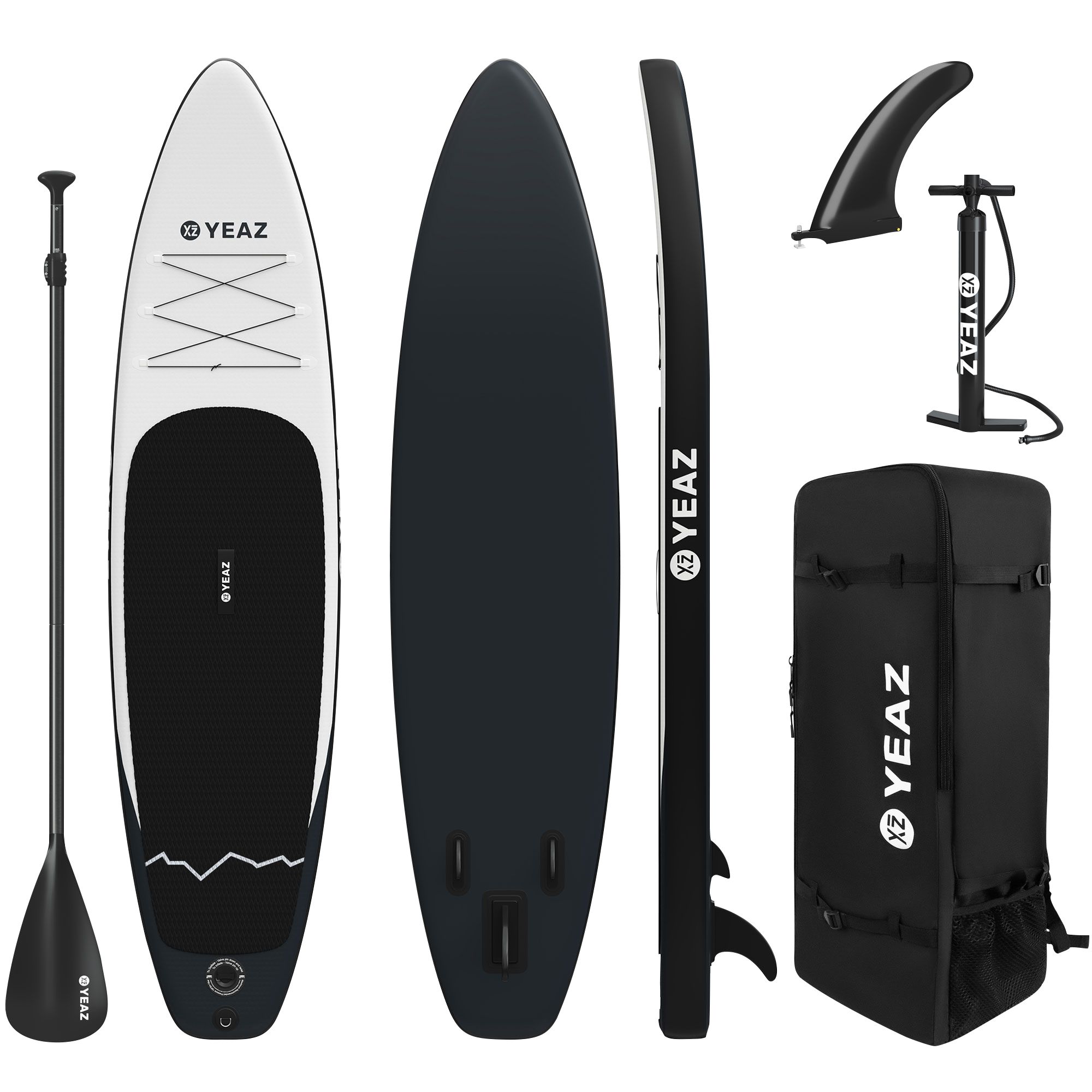 Set gonfiabile per Stand Up Paddle con pagaia, pinna, pompa e borsa per il trasporto. Ponte bianco con area di presa nera e motivo montuoso.