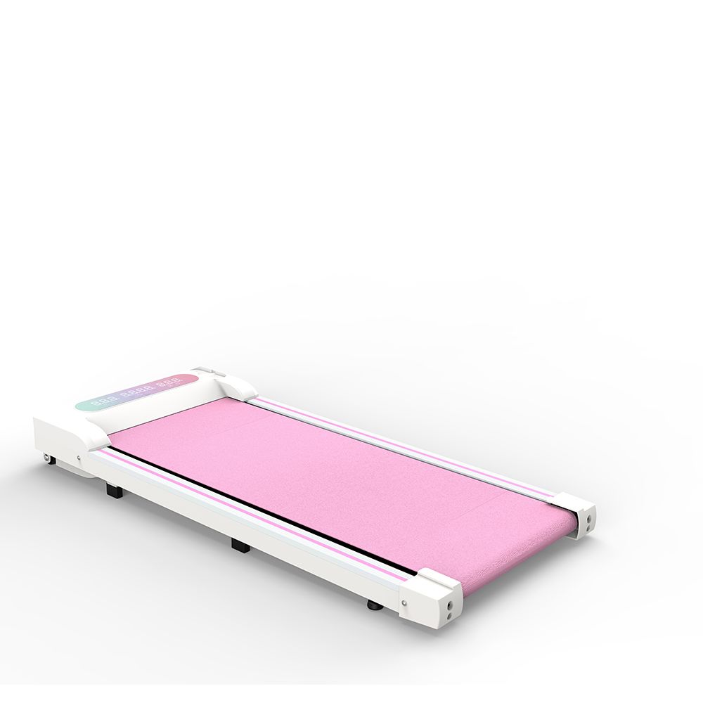 Tapis roulant pieghevole con superficie rosa, telaio bianco e display LED. Vista obliqua.