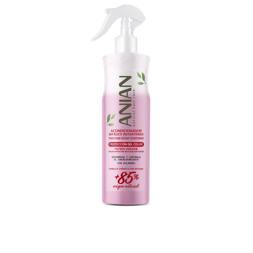 Flacone rosa con spruzzatore. Testo: ANIAN, Acondicionador Protección Del Color. +85%.