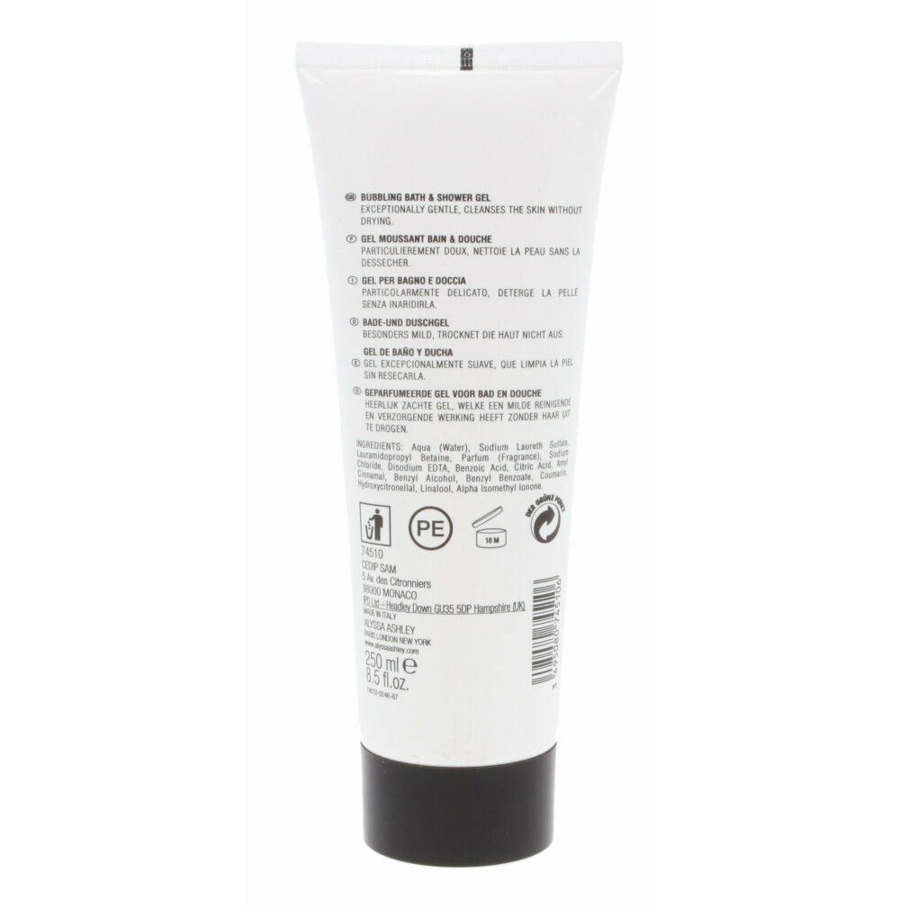 Retro di un tubo bianco con tappo nero. Testo multilingue. Ingredienti e simboli di riciclaggio. 250 ml.