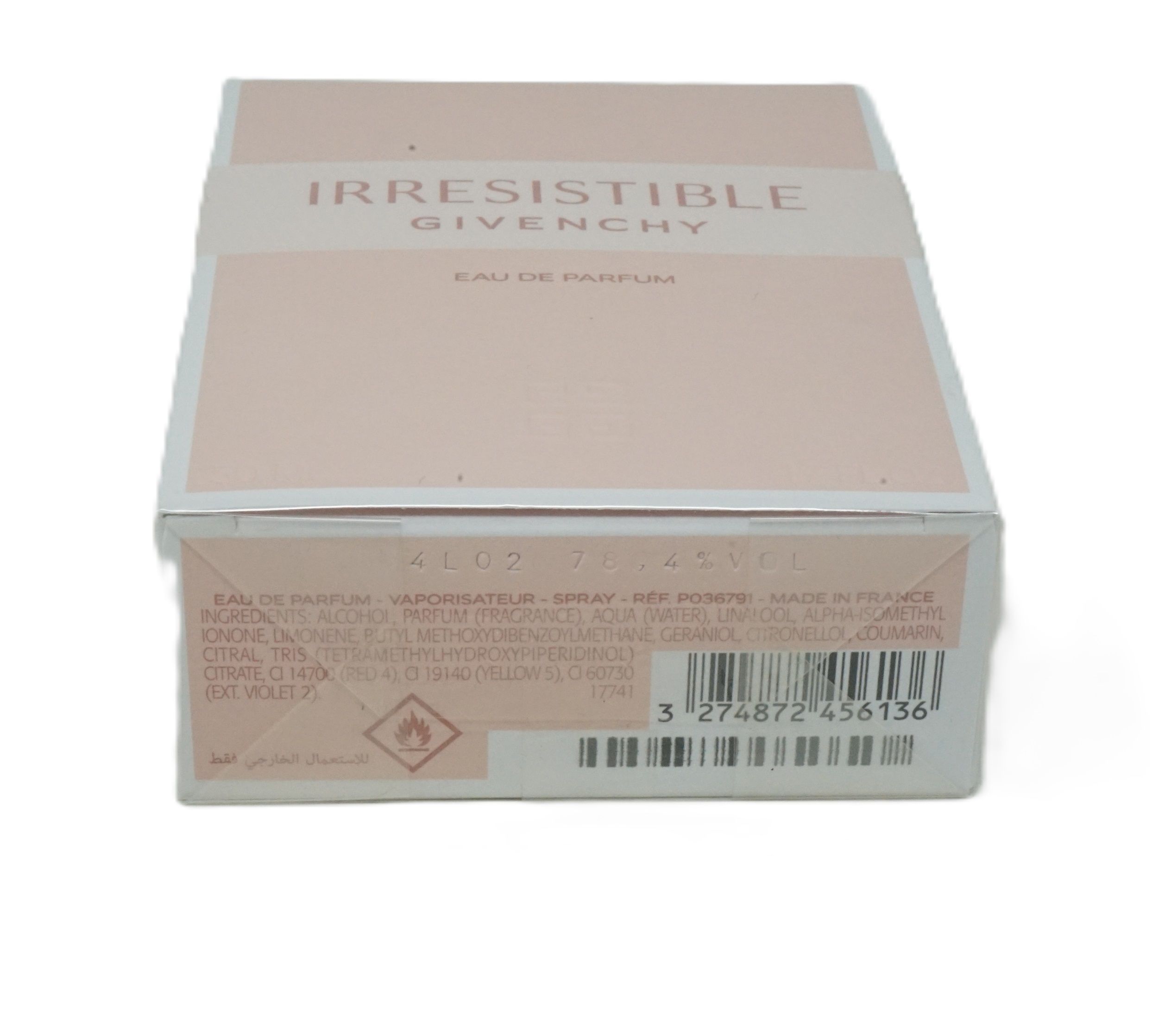 Givenchy Irresistible Eau de Parfum, parte inferiore della confezione. Ingredienti, codice a barre, simboli di avvertimento.