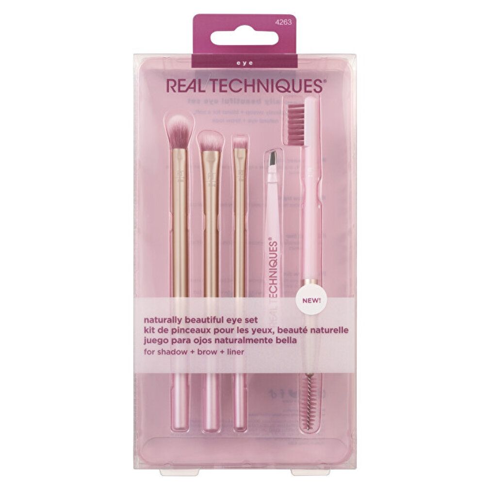 Set occhi in confezione trasparente. Contiene pennelli, pinzetta e spazzola. Testo: REAL TECHNIQUES, Naturally beautiful eye set.