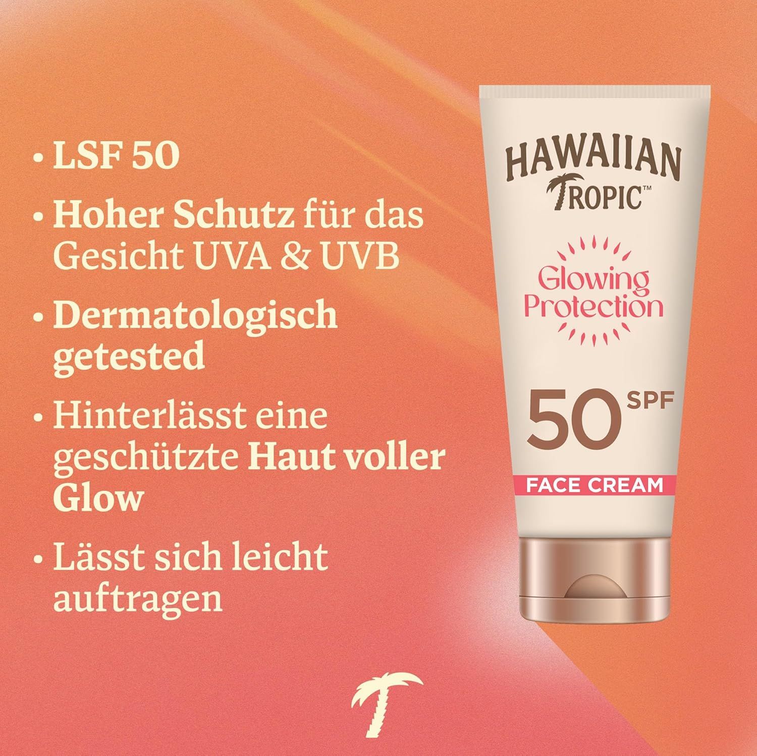 Tubo di crema solare. Marca: Hawaiian Tropic. SPF 50. Cura del viso. UVA/UVB. Dermatologicamente testato. Glow.