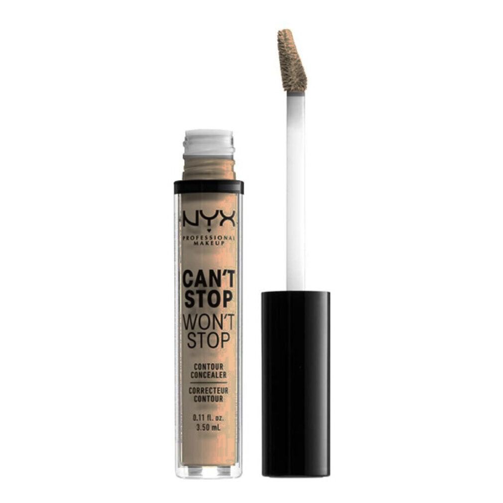 Correttore liquido in flacone trasparente con applicatore nero. Tonalità beige chiaro.
