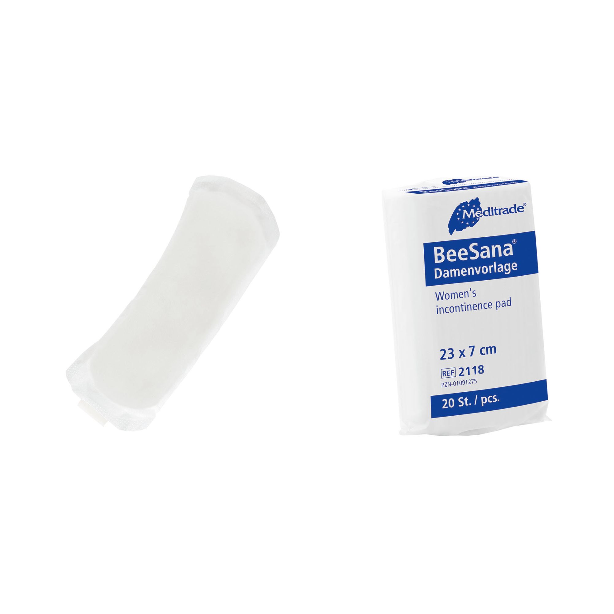 Assorbente per incontinenza bianco accanto alla confezione. Confezione con logo, nome del prodotto, dimensioni e quantità.