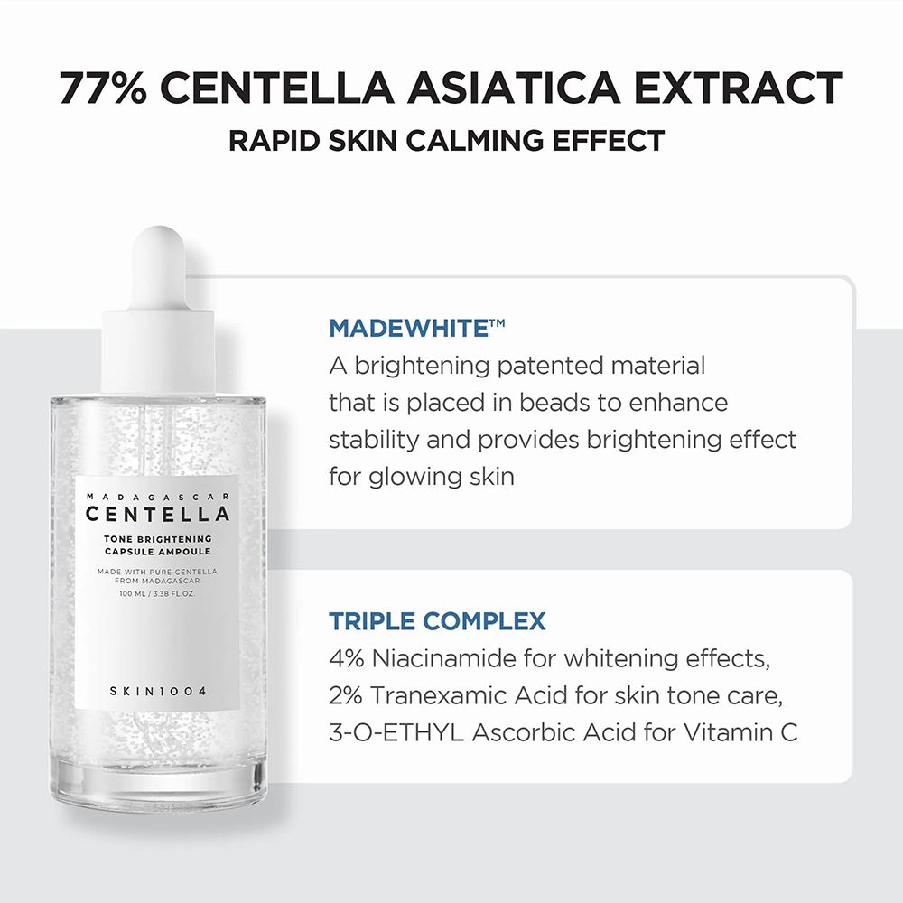 Flacone di siero con testo e infografica. Testo sugli ingredienti e gli effetti. Marchio: SKIN1004. Nome prodotto: Madagascar Centella Tone Brightening Ampoule.