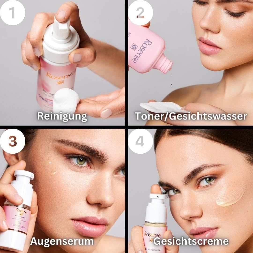 Quattro immagini mostrano l'uso della schiuma detergente Rosense e di altri prodotti su una modella. Prodotti e fasi di applicazione.