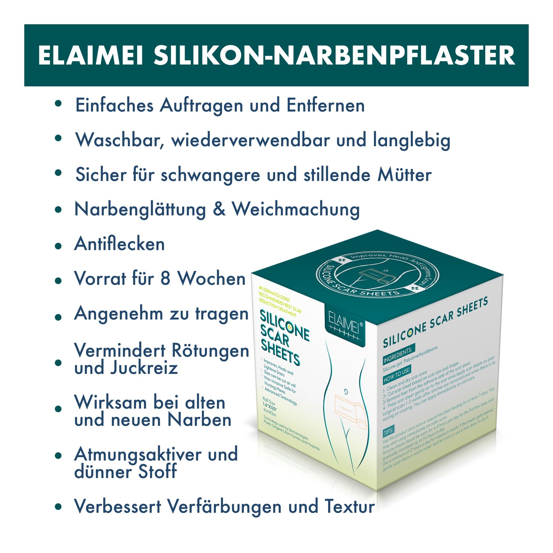 Confezione del prodotto con elenco dei vantaggi del CEROTTO PER CICATRICI IN SILICONE ELAIMEI. Testo: Facile applicazione, lavabile, sicuro per le donne incinte.
