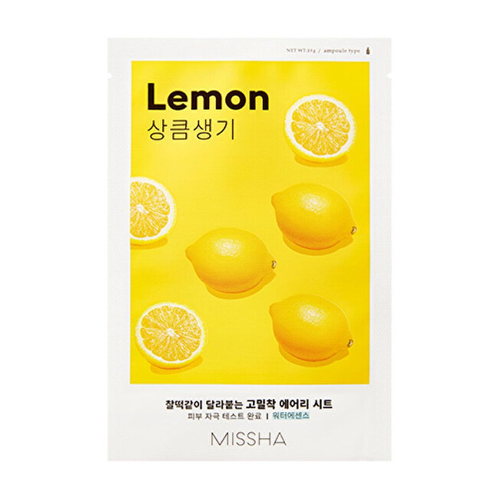 Maschera viso con motivo limone. Sfondo giallo con limoni e metà. Testo: Lemon, caratteri coreani, MISSHA.