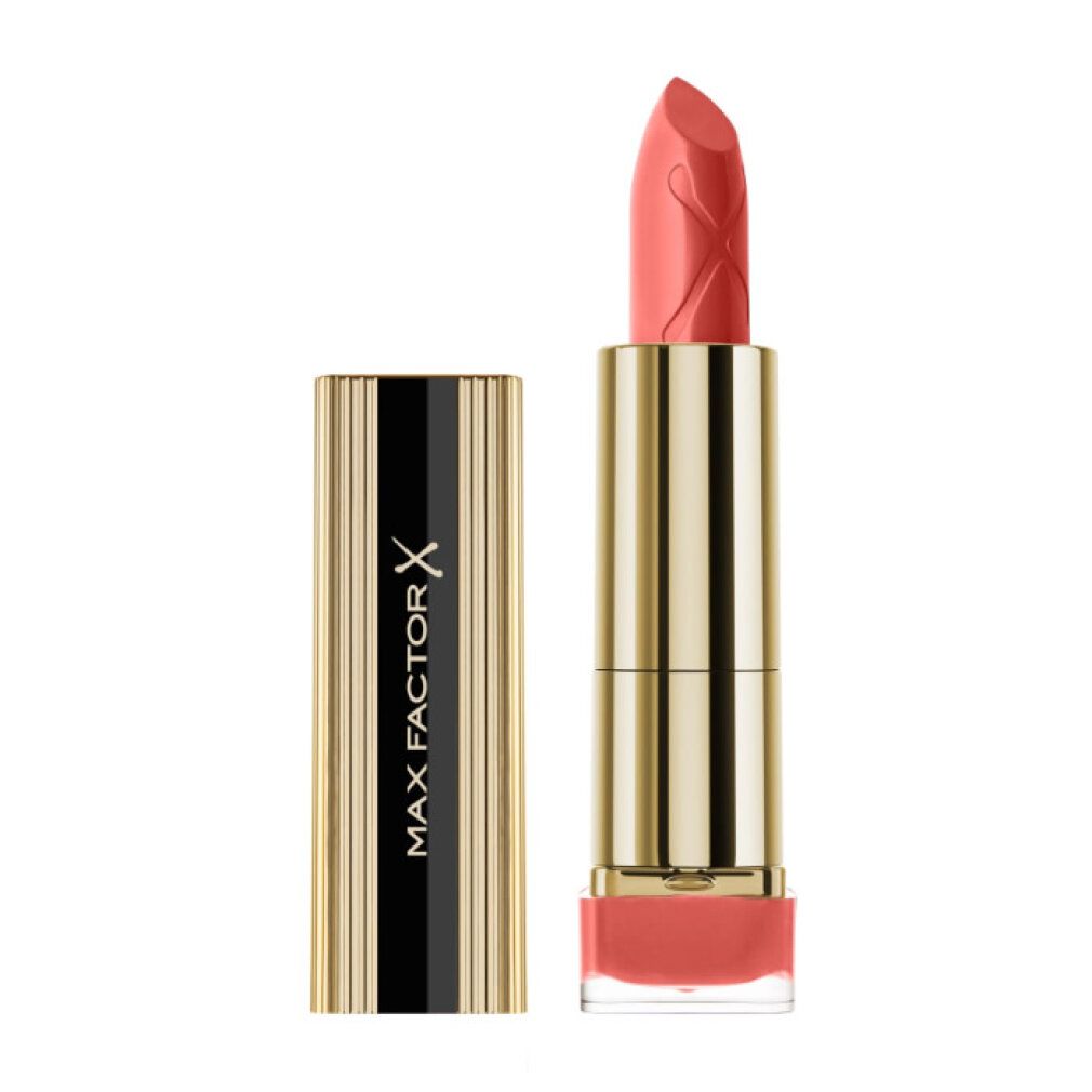 Rossetto rosa brandy. Astuccio dorato, coperchio accanto. Punta rosa. Logo Max Factor.