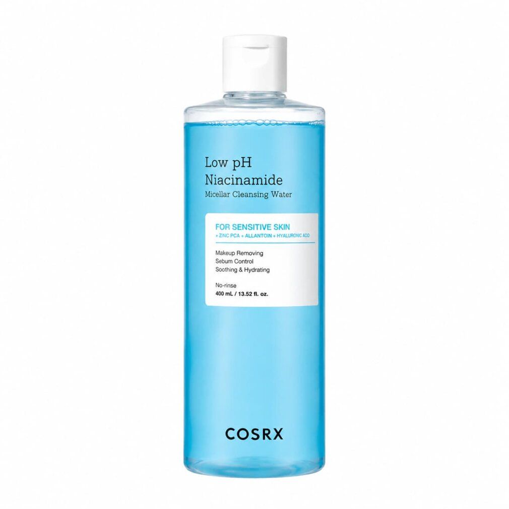 Flacone COSRX Low pH Niacinamide Micellar Cleansing Water con liquido blu ed etichetta bianca.