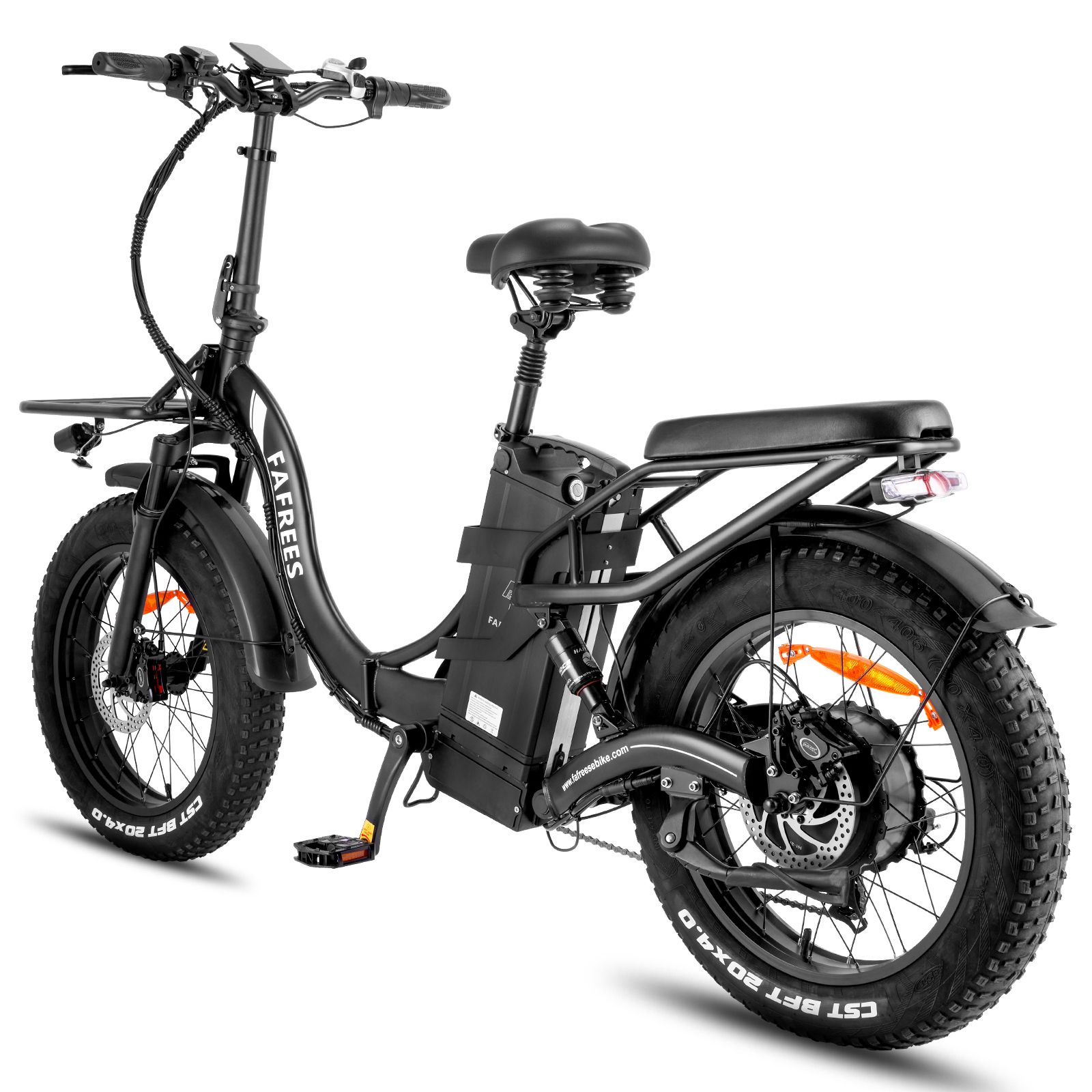 E-bike Fafrees nera, vista laterale. Pneumatici larghi, portapacchi, cestino anteriore. Batteria, freni a disco, pneumatici CST.