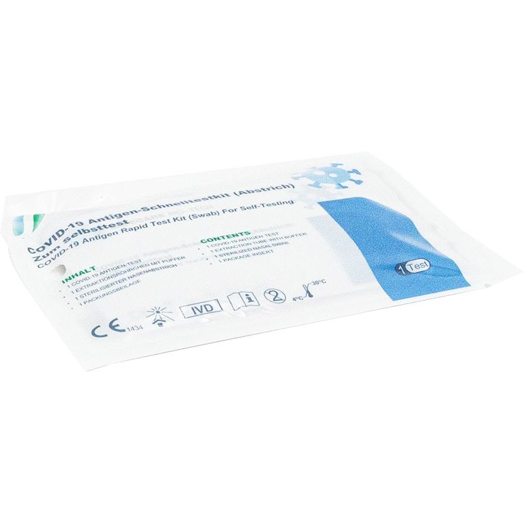 Confezione singola del kit di test rapido dell'antigene Safecare Bio-Tech Covid-19. Contiene test, provetta di estrazione, tampone e foglietto illustrativo. CE 1434.
